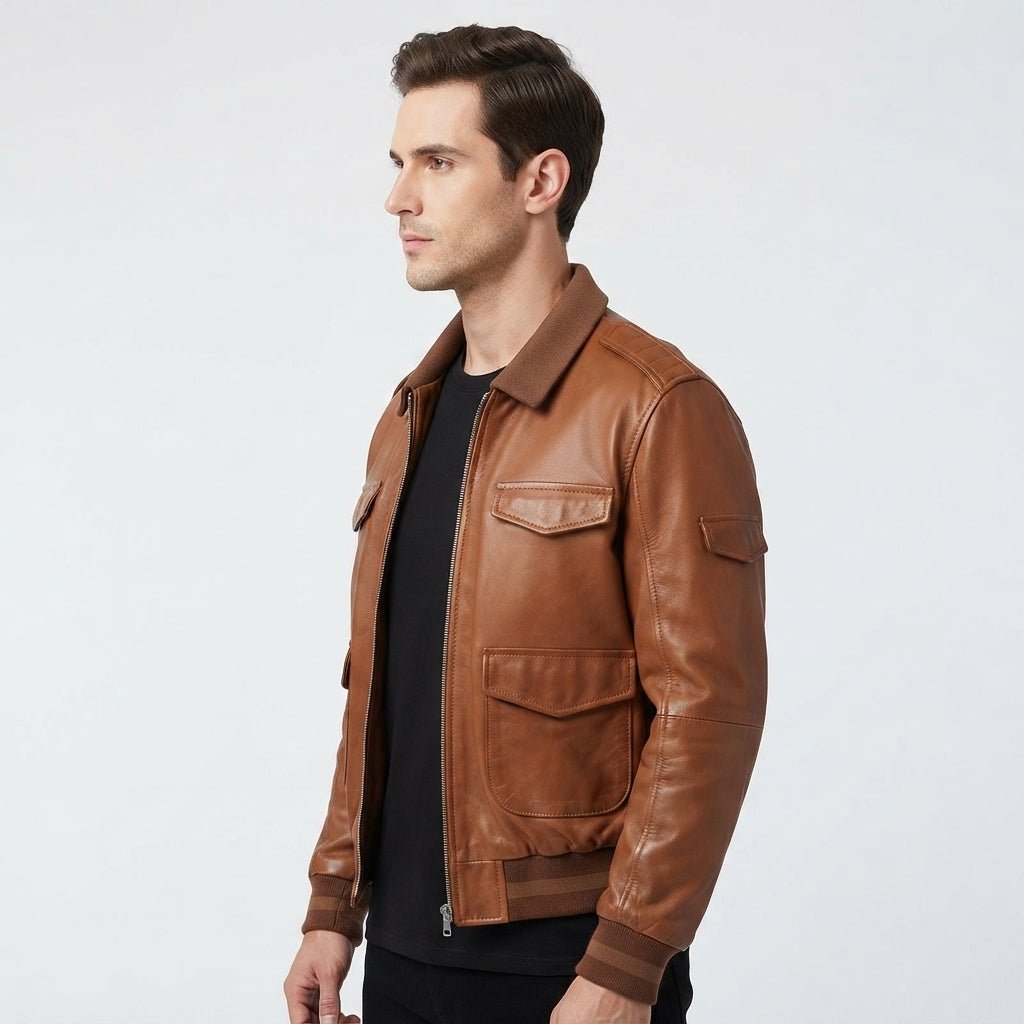 Men Brown Strap Pockets Bomber Leather Jacket – Bomber Jacket Mens - Timber AND Hide