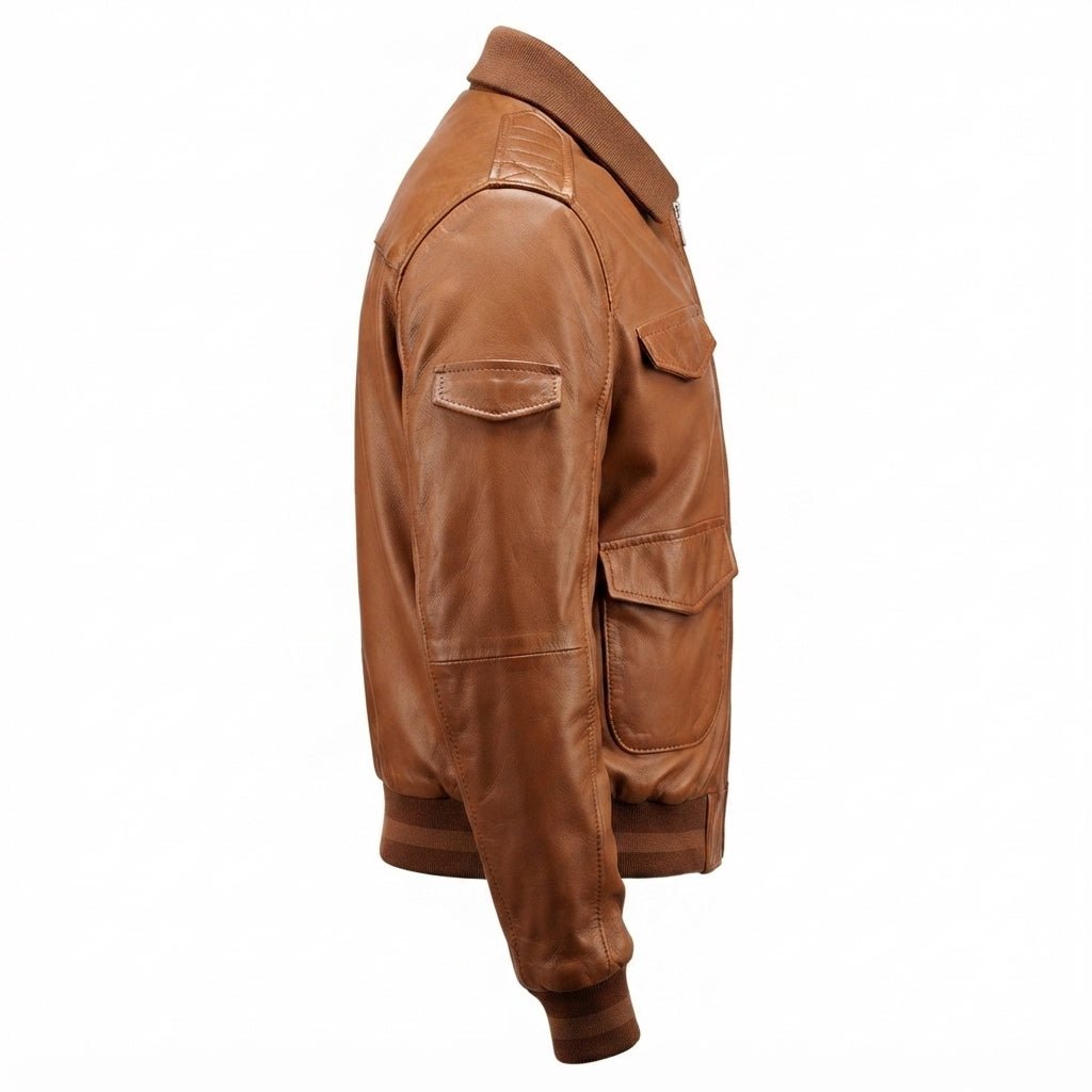 Men Brown Strap Pockets Bomber Leather Jacket – Bomber Jacket Mens - Timber AND Hide