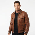 Men Brown Strap Pockets Bomber Leather Jacket – Bomber Jacket Mens - Timber AND Hide