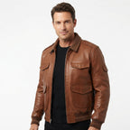 Men Brown Strap Pockets Bomber Leather Jacket – Bomber Jacket Mens - Timber AND Hide