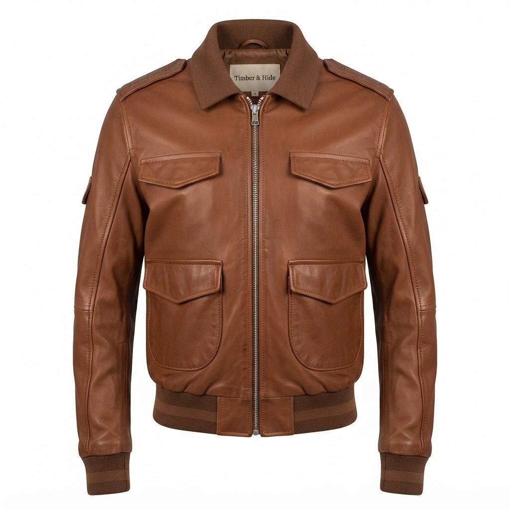 Men Brown Strap Pockets Bomber Leather Jacket – Bomber Jacket Mens - Timber AND Hide