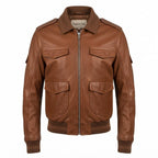 Men Brown Strap Pockets Bomber Leather Jacket – Bomber Jacket Mens - Timber AND Hide