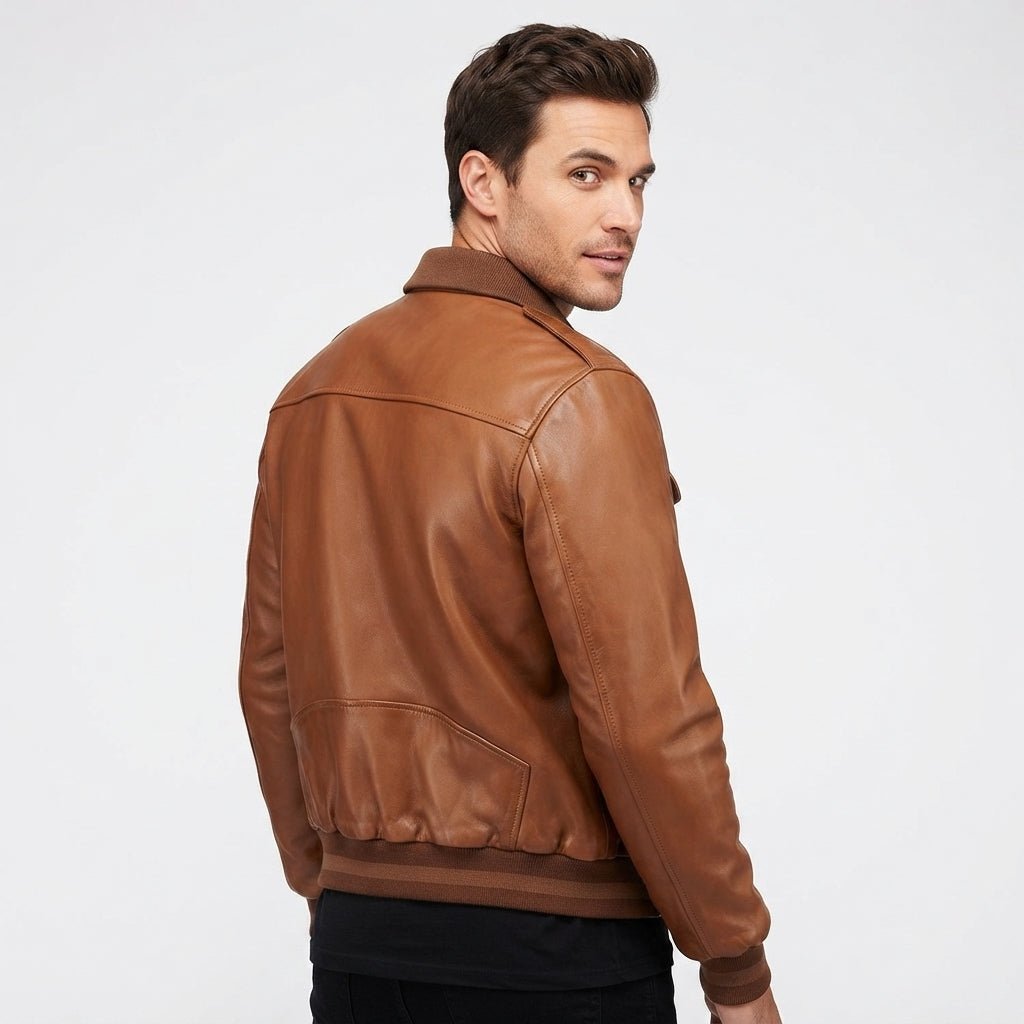 Men Brown Strap Pockets Bomber Leather Jacket – Bomber Jacket Mens - Timber AND Hide