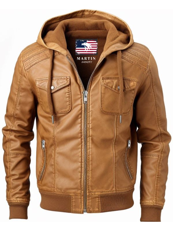 Men’s Classic Swiss Light Brown Hooded Leather Jacket