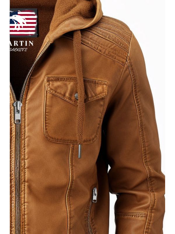 Men’s Classic Swiss Light Brown Hooded Leather Jacket