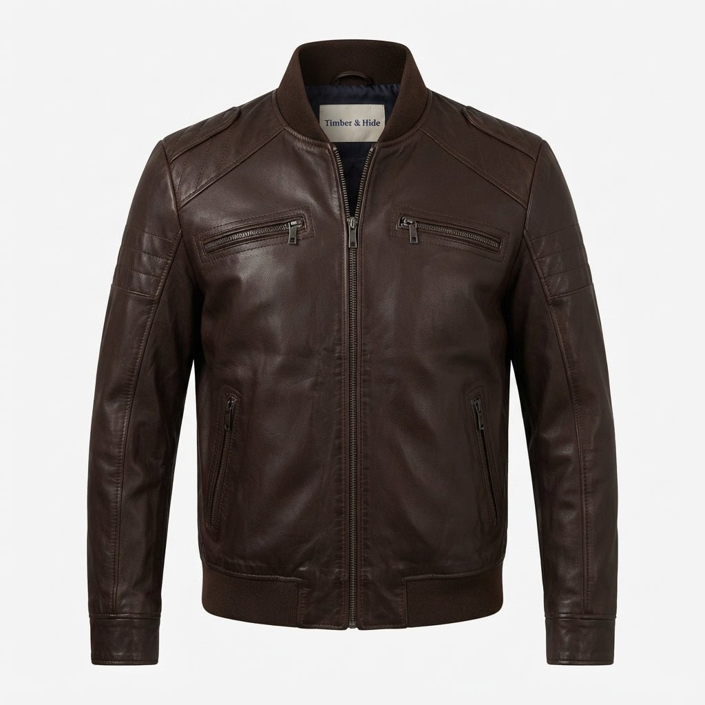 Men Dark Brown Leather Bomber Jacket – Brown Bomber Leather Jacket - Timber AND Hide