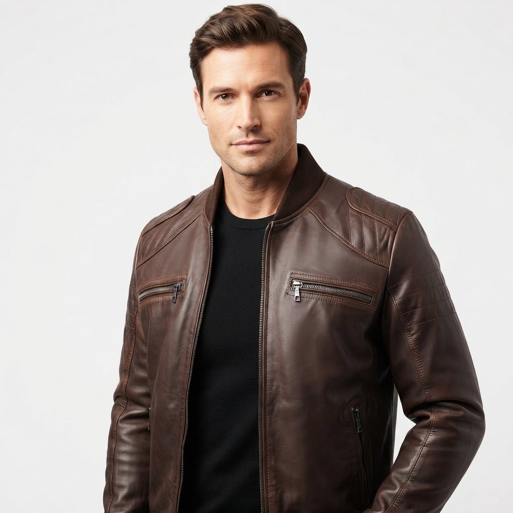 Men Dark Brown Leather Bomber Jacket – Brown Bomber Leather Jacket - Timber AND Hide