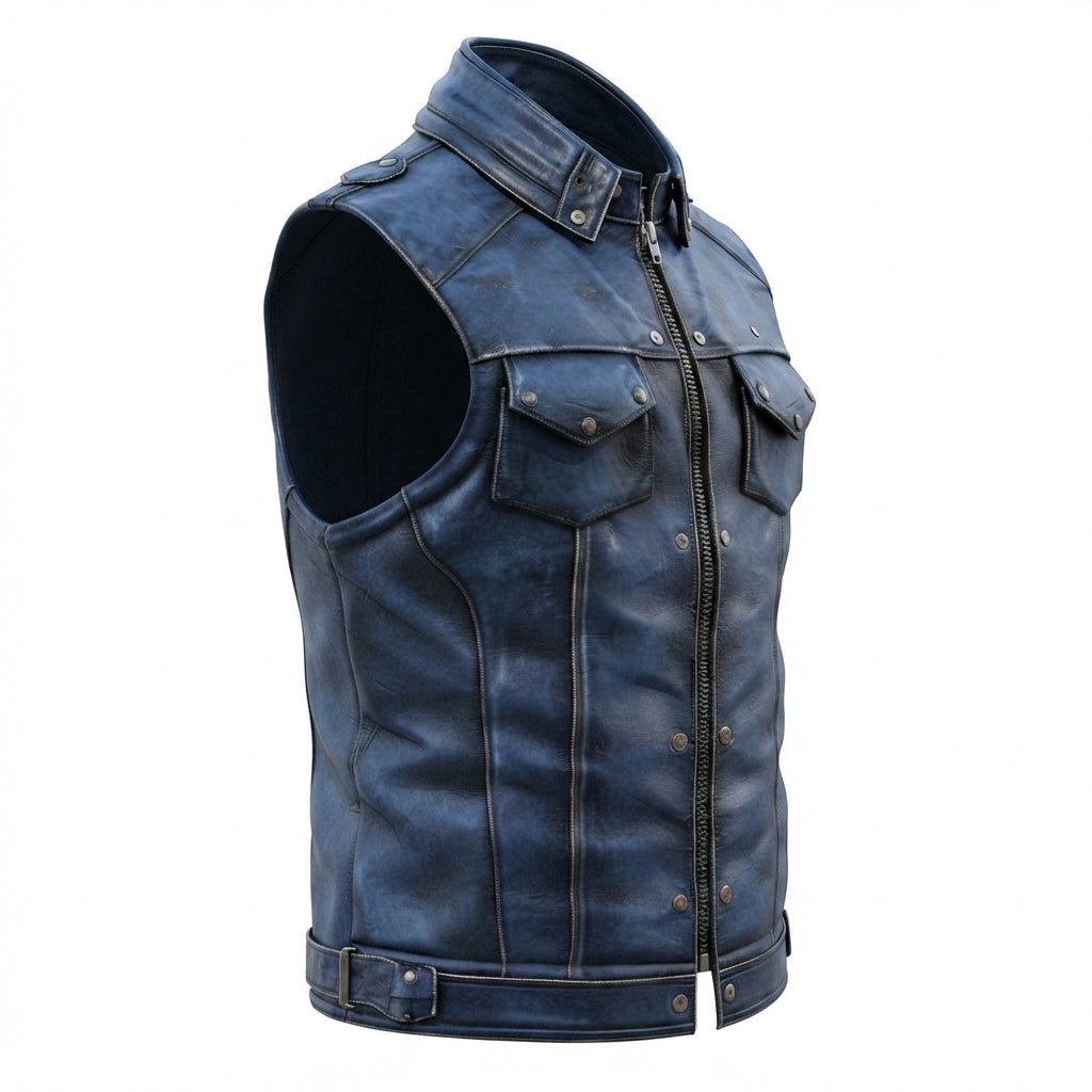 Men Distressed Blue Leather Vest - Timber AND Hide