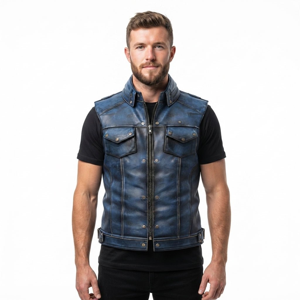 Men Distressed Blue Leather Vest - Timber AND Hide