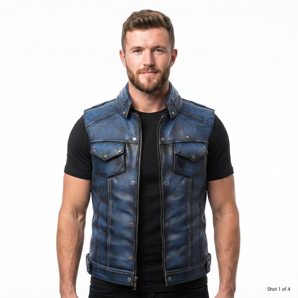 Men Distressed Blue Leather Vest - Timber AND Hide