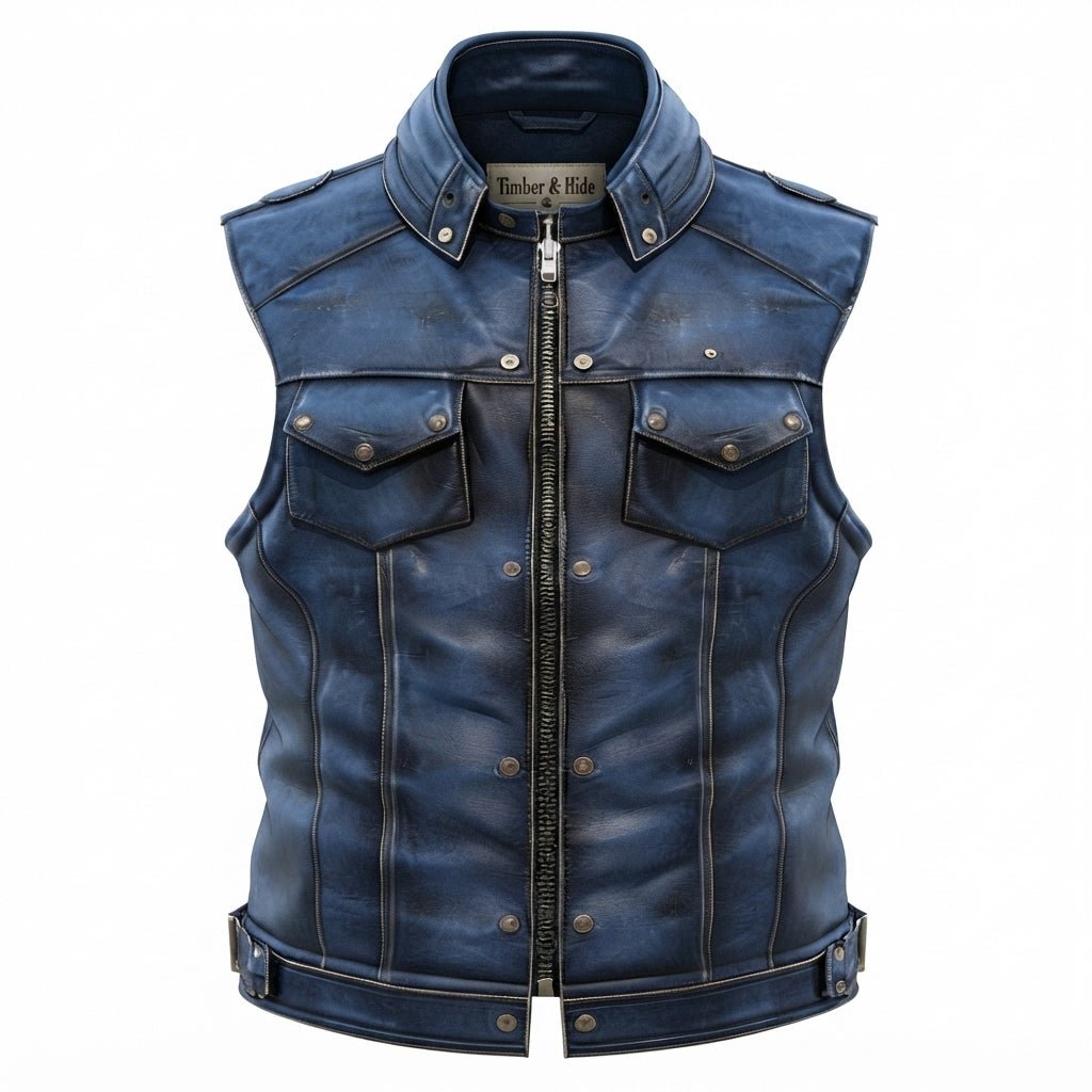 Men Distressed Blue Leather Vest - Timber AND Hide