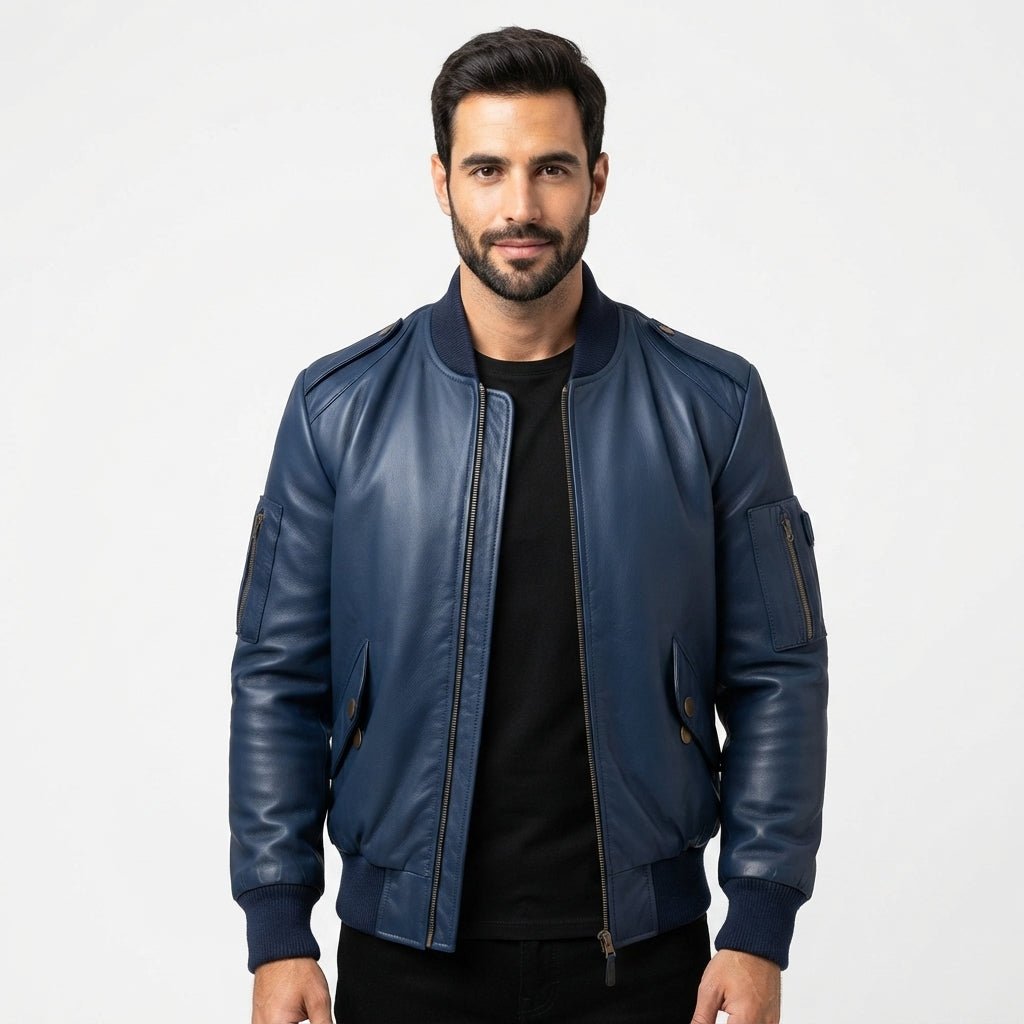 Men Flight Bomber Blue Leather Jacket – Bomber Leather Jacket - Timber AND Hide