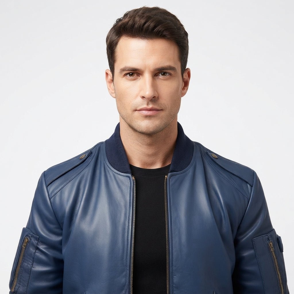 Men Flight Bomber Blue Leather Jacket – Bomber Leather Jacket - Timber AND Hide