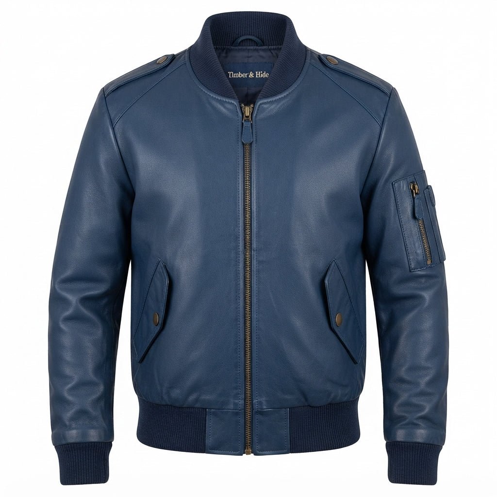 Men Flight Bomber Blue Leather Jacket – Bomber Leather Jacket - Timber AND Hide