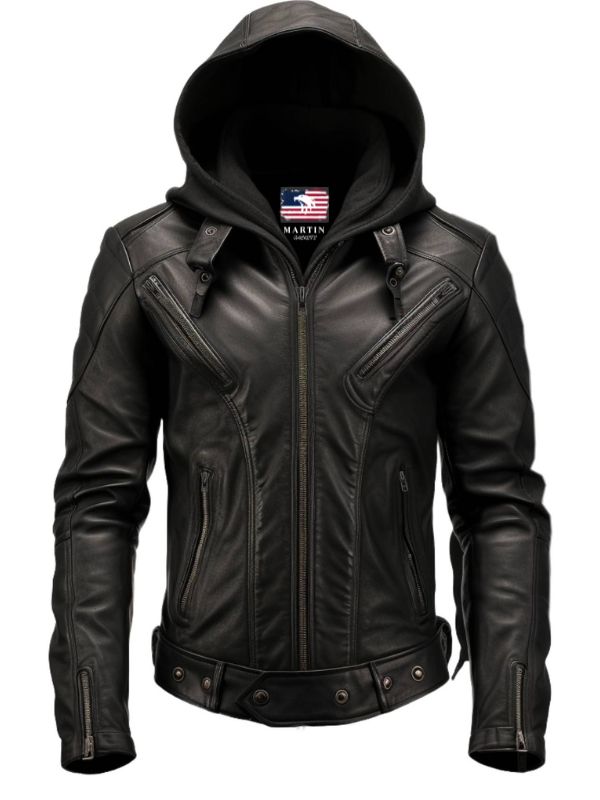 Men’s Hooded Black Leather Jacket