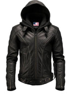 Men’s Hooded Black Leather Jacket