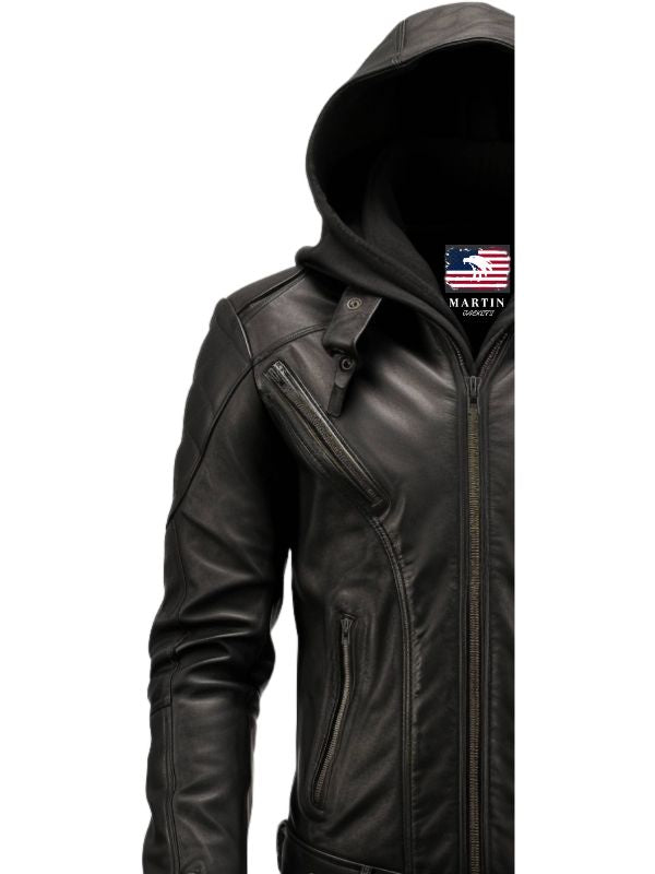 Men’s Hooded Black Leather Jacket