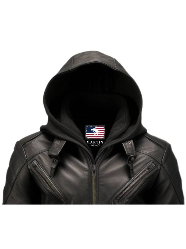 Men’s Hooded Black Leather Jacket
