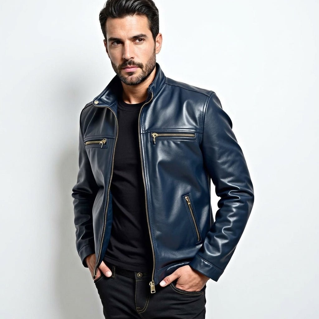 Men Leather Jacket - Navy Blue Leather Jacket - Timber AND Hide