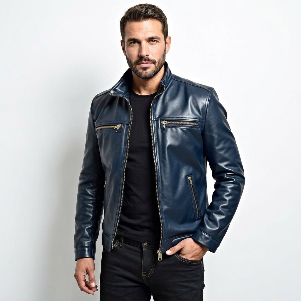 Men Leather Jacket - Navy Blue Leather Jacket - Timber AND Hide