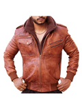 Men Leather Motorcycle Jacket with Removable Hood – Brown