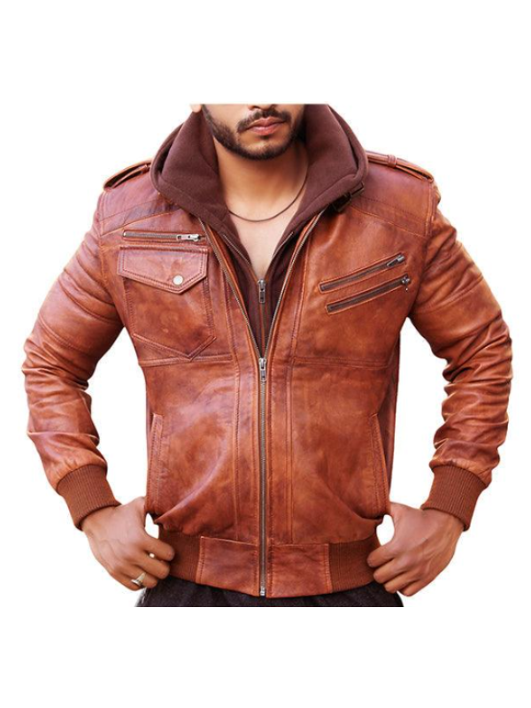 Men Leather Motorcycle Jacket with Removable Hood – Brown