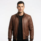 Men Quilted Bomber Leather Jacket with Golden Zipper - Timber AND Hide