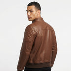 Men Quilted Bomber Leather Jacket with Golden Zipper - Timber AND Hide