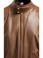 Men Quilted Bomber Leather Jacket with Golden Zipper