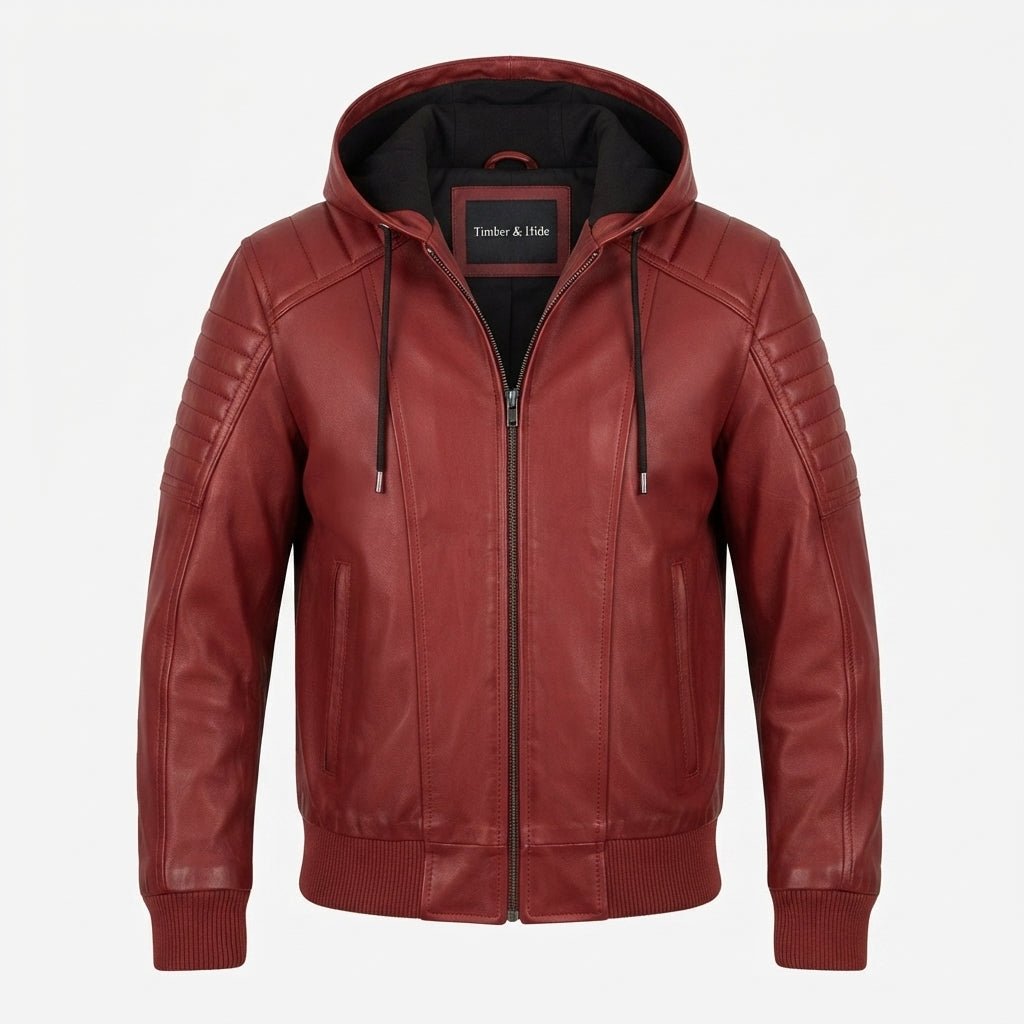 Men Red hooded Leather Biker Jacket - Timber AND Hide