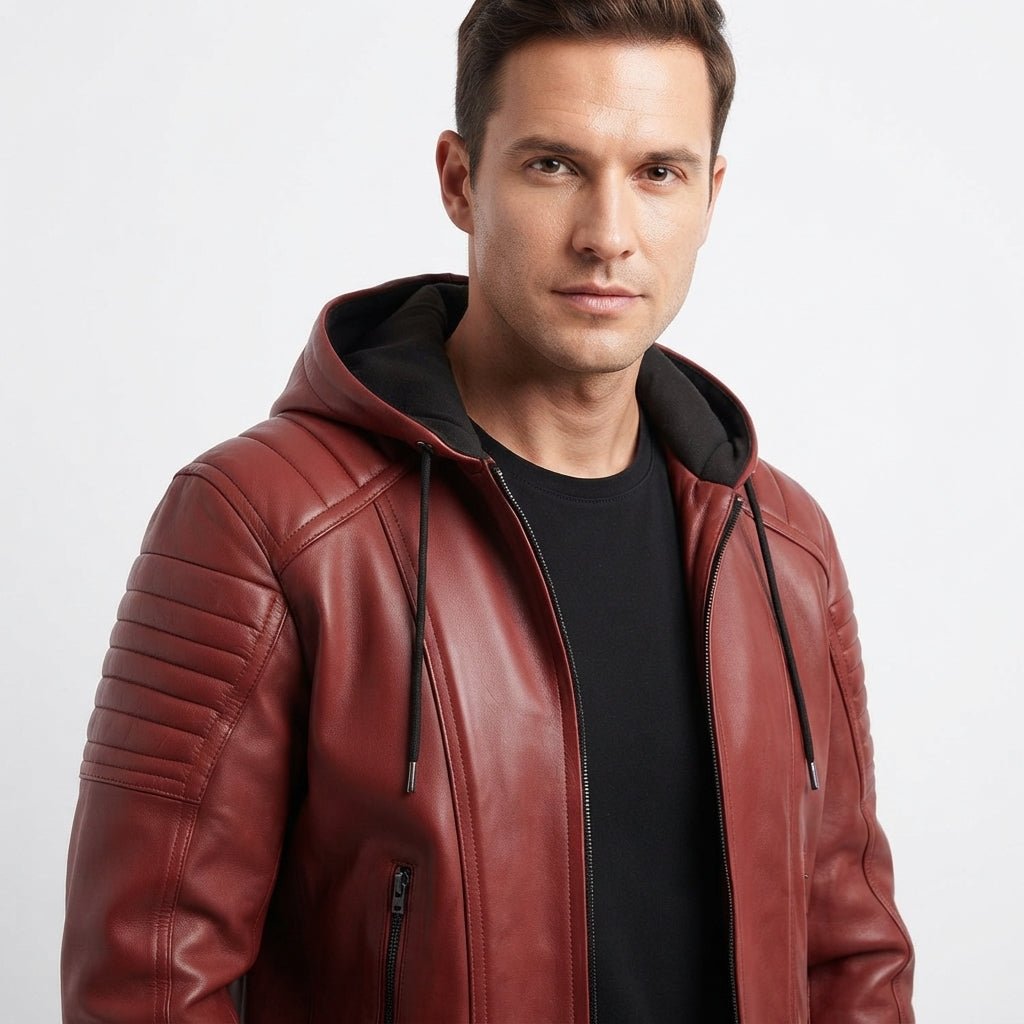 Men Red hooded Leather Biker Jacket - Timber AND Hide