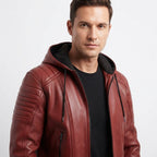 Men Red hooded Leather Biker Jacket - Timber AND Hide