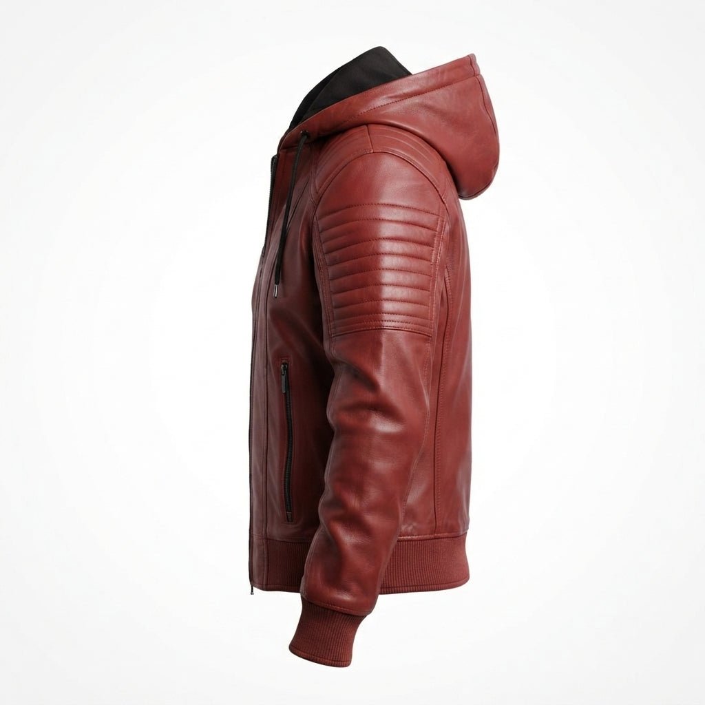 Men Red hooded Leather Biker Jacket - Timber AND Hide