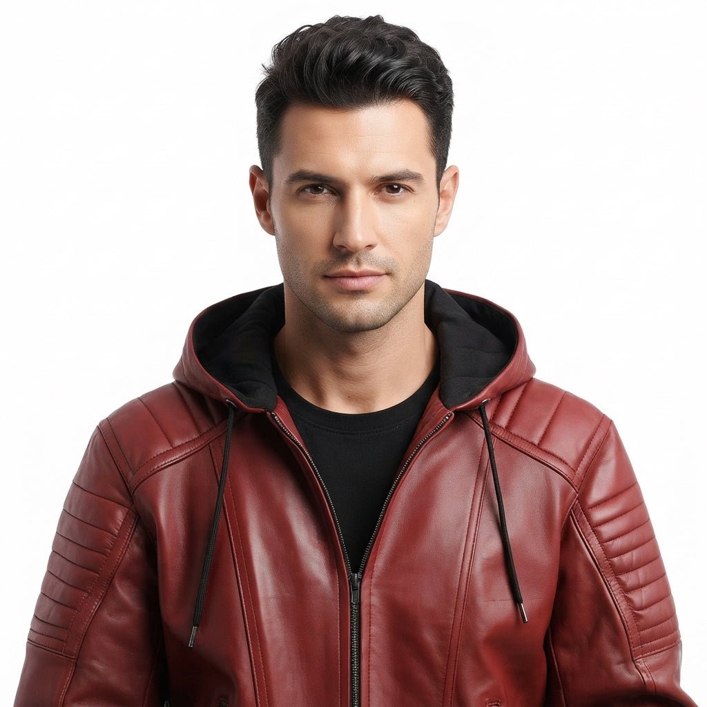 Men Red hooded Leather Biker Jacket - Timber AND Hide