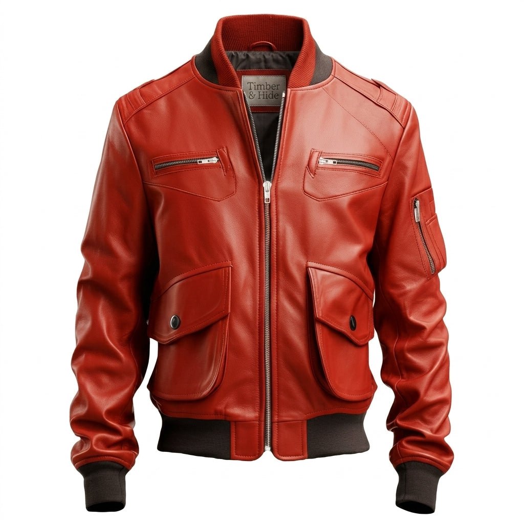 Men Red Leather Bomber Jacket - Timber AND Hide