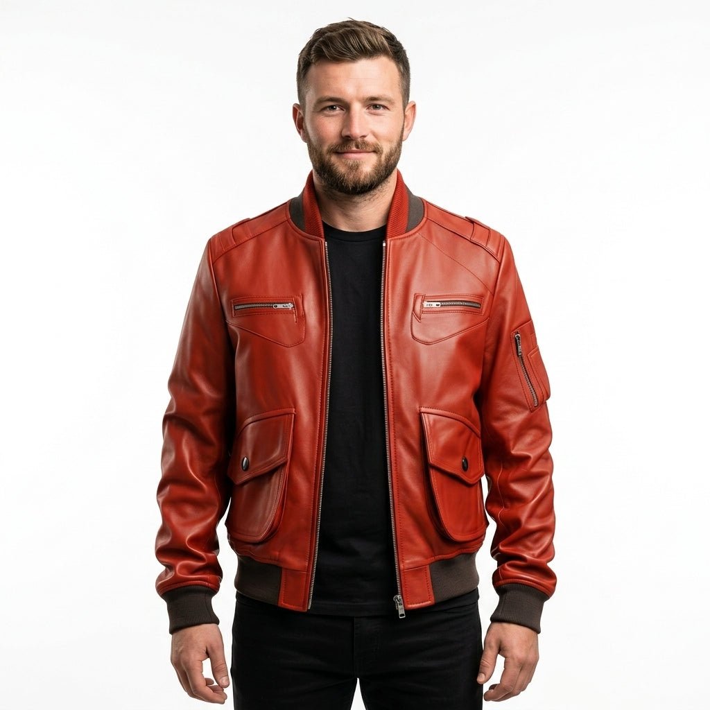Men Red Leather Bomber Jacket - Timber AND Hide
