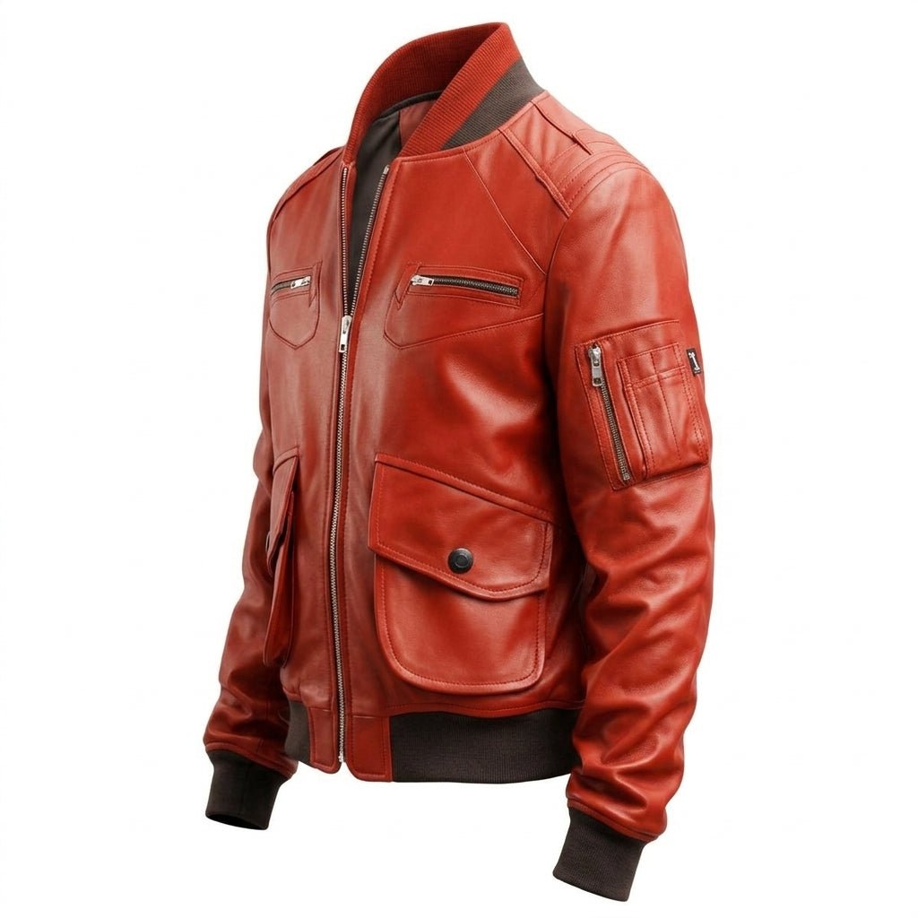 Men Red Leather Bomber Jacket - Timber AND Hide