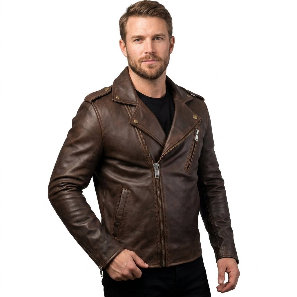 Men Slimfit Rider Brown Leather Jacket - Timber AND Hide