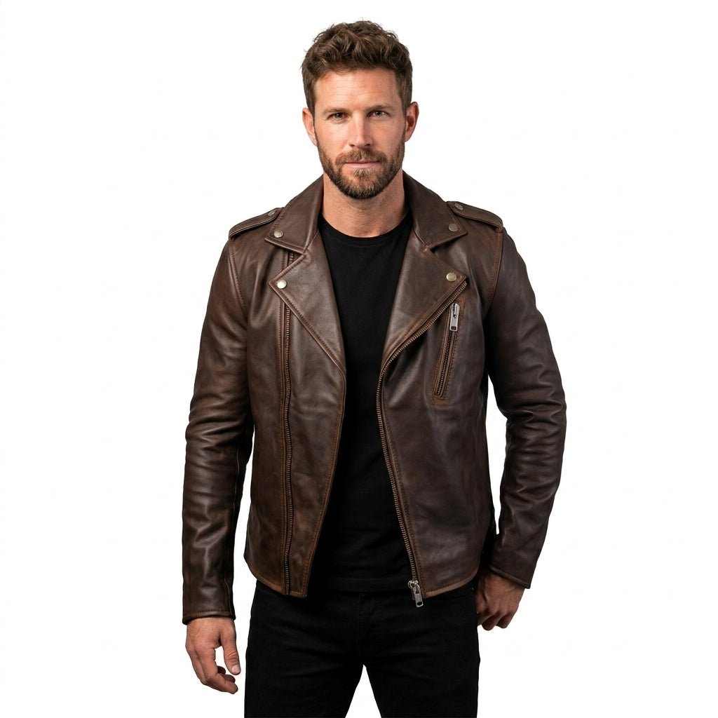 Men Slimfit Rider Brown Leather Jacket - Timber AND Hide