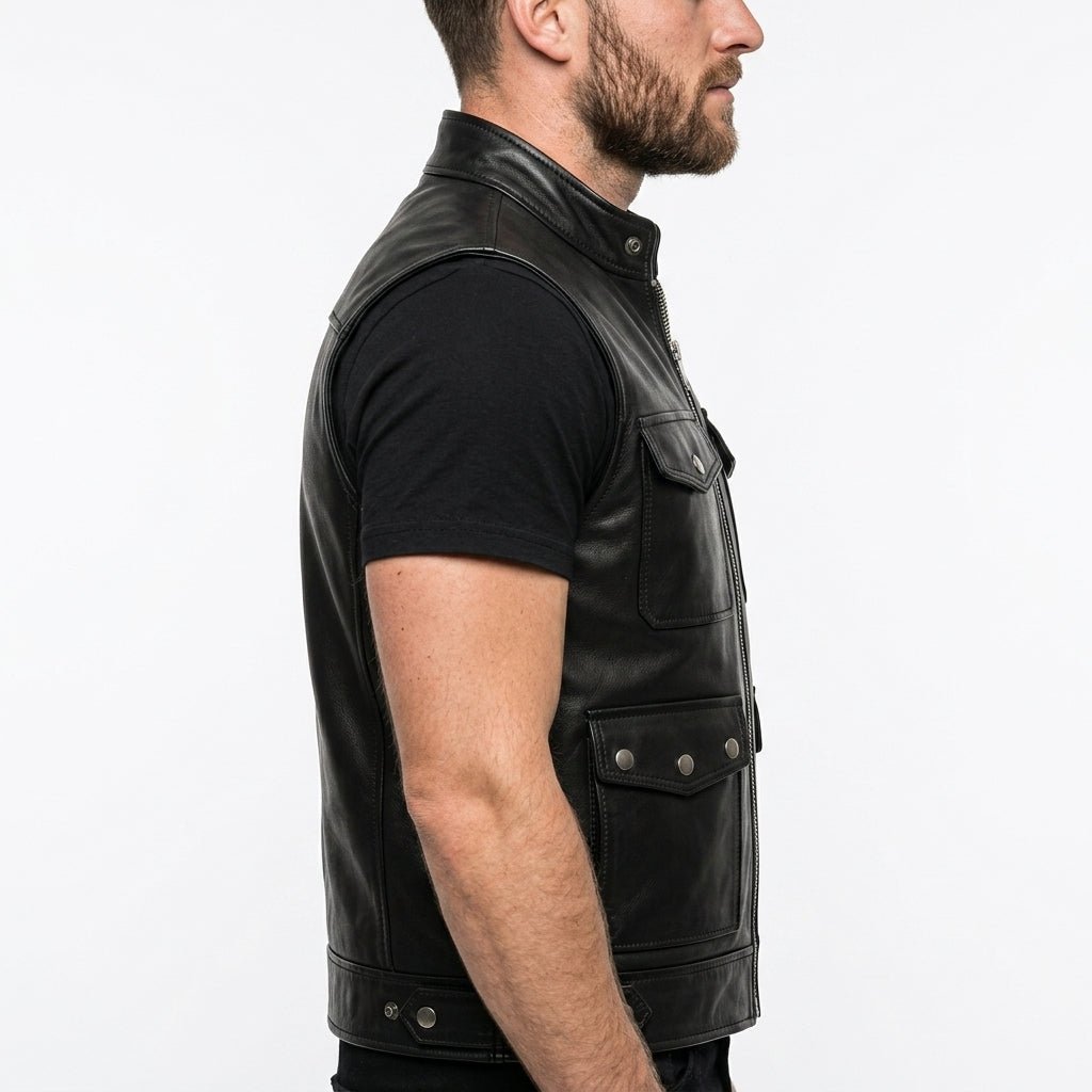 Men Storm Black Leather Vest - Timber AND Hide
