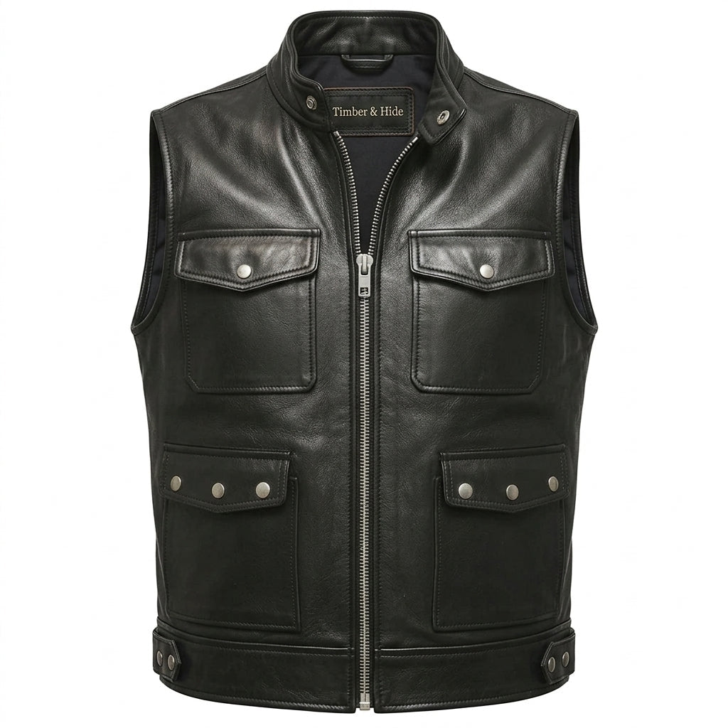 Men Storm Black Leather Vest - Timber AND Hide