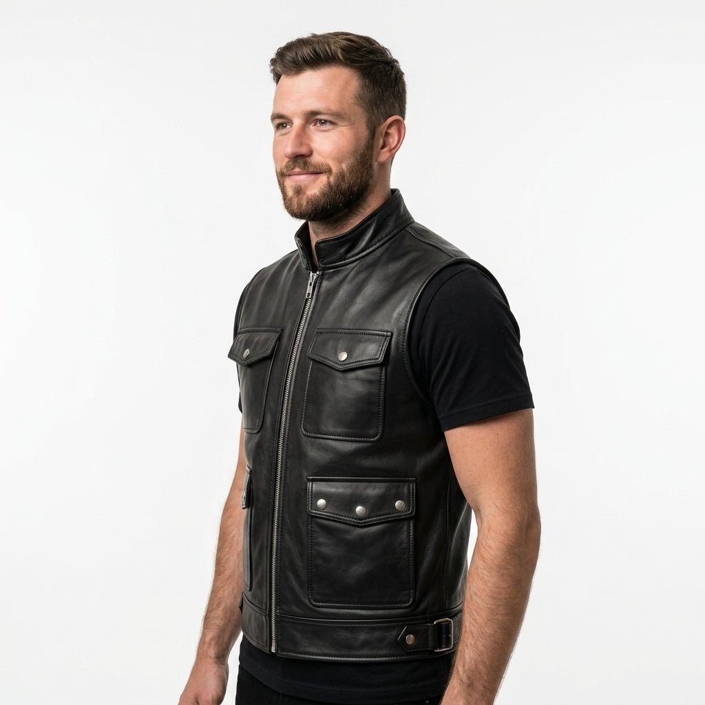 Men Storm Black Leather Vest - Timber AND Hide