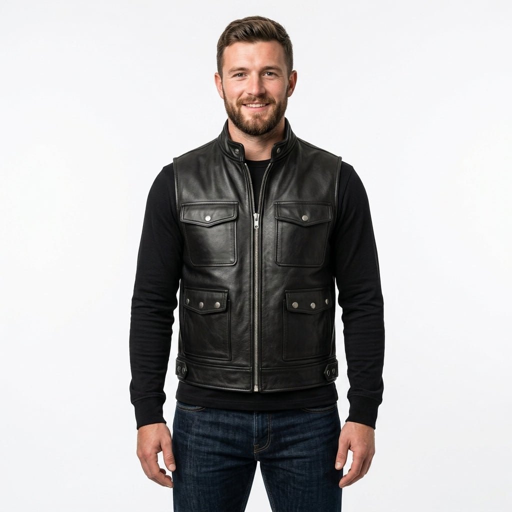 Men Storm Black Leather Vest - Timber AND Hide