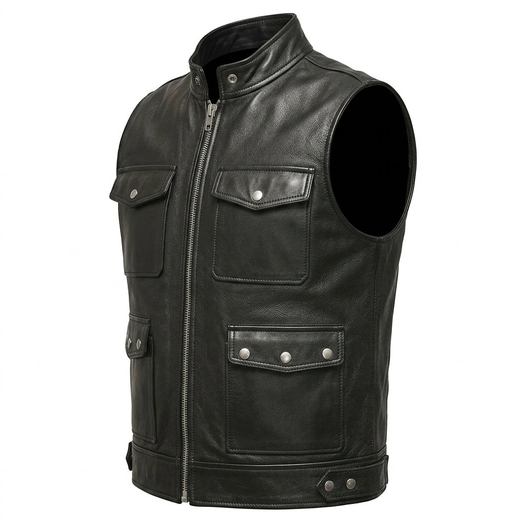 Men Storm Black Leather Vest - Timber AND Hide