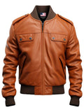 Men’s Strap Pocket Bomber Leather Jacket