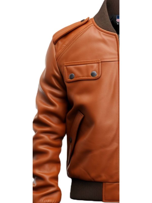 Men’s Strap Pocket Bomber Leather Jacket