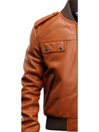 Men’s Strap Pocket Bomber Leather Jacket