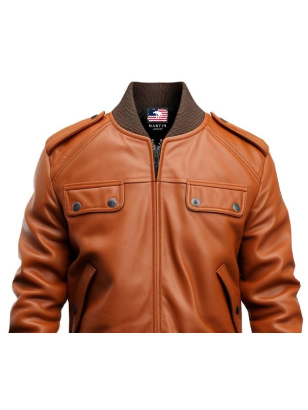 Men’s Strap Pocket Bomber Leather Jacket