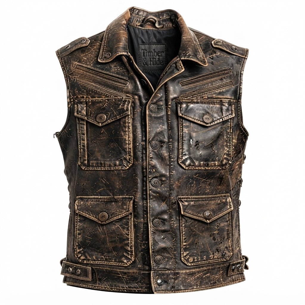 Men Strap Pockets Distressed Brown Leather Vest - Timber AND Hide