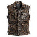 Men Strap Pockets Distressed Brown Leather Vest - Timber AND Hide